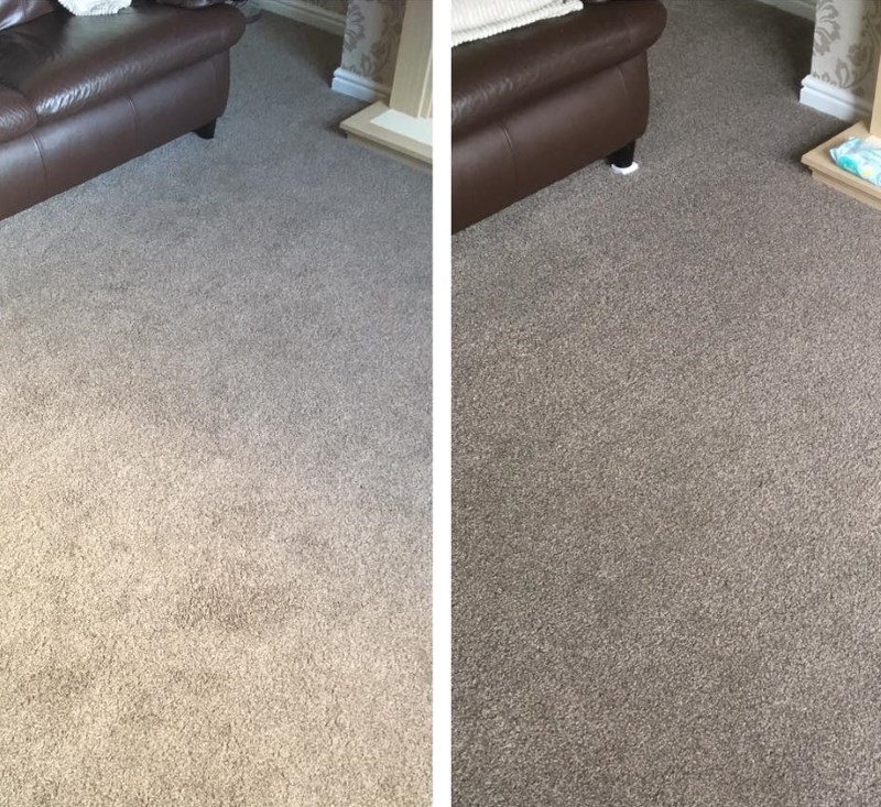 Another before & after shot of a pale berber carpet after cleaning by Little Duck Carpet Cleaning Services in a house in Dumfries.